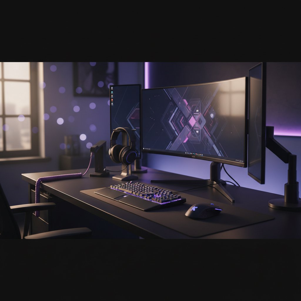 Professional computer peripherals setup including mechanical keyboard, precision mouse, and high-resolution monitor on modern desk